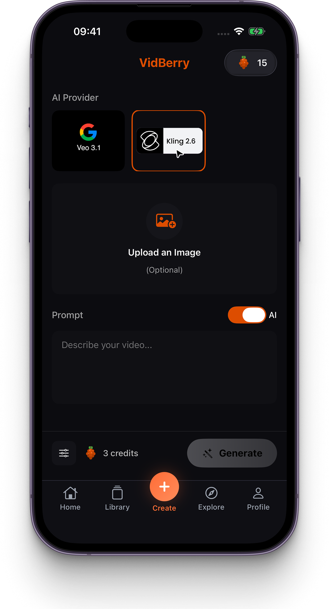 VidBerry AI video generator with Veo 3.1 and Kling 2.6 models, photo to video